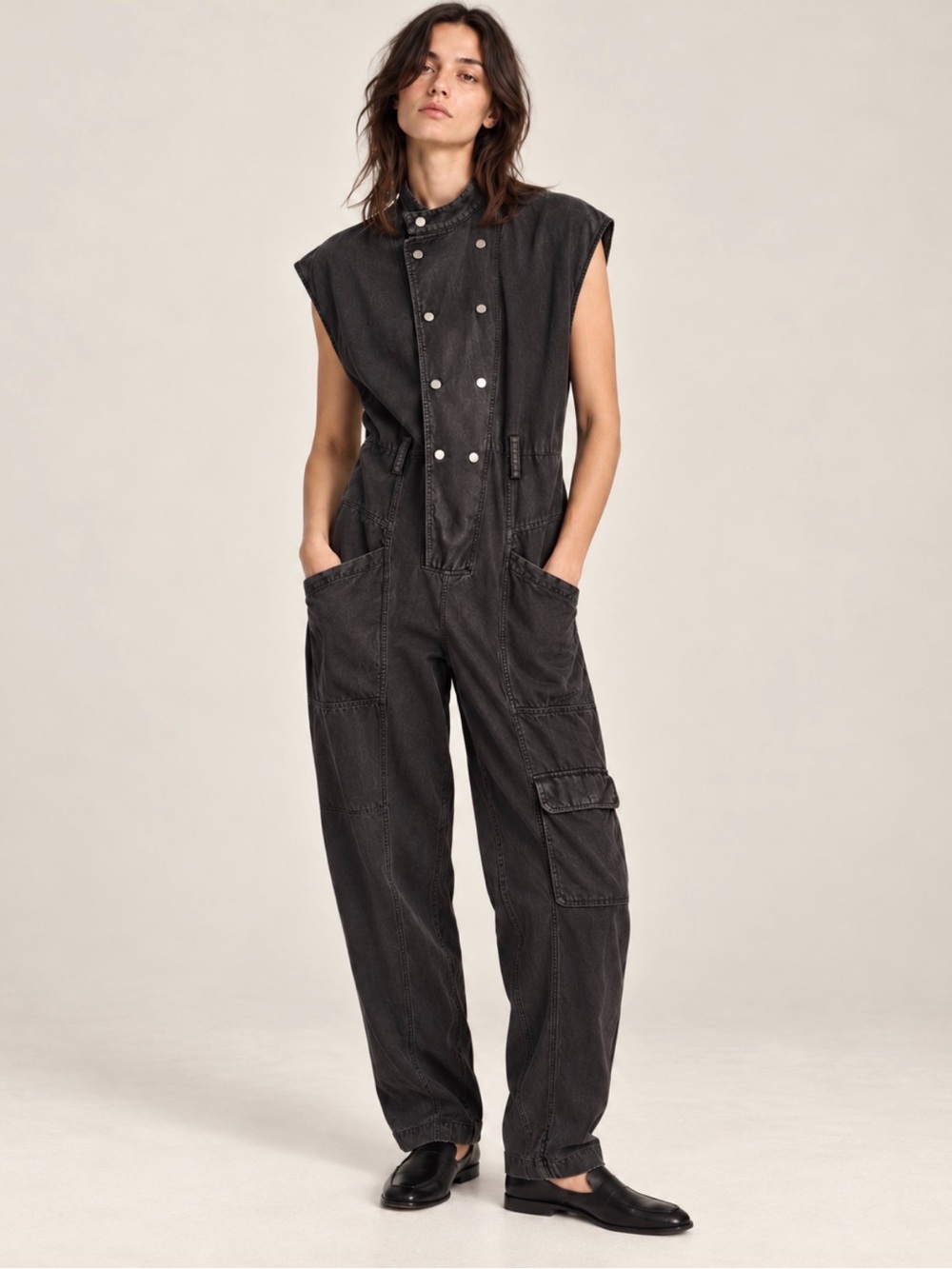 Zara Sleeveless Washed Black Cotton Linen Utility Jumpsuit Size Medium
